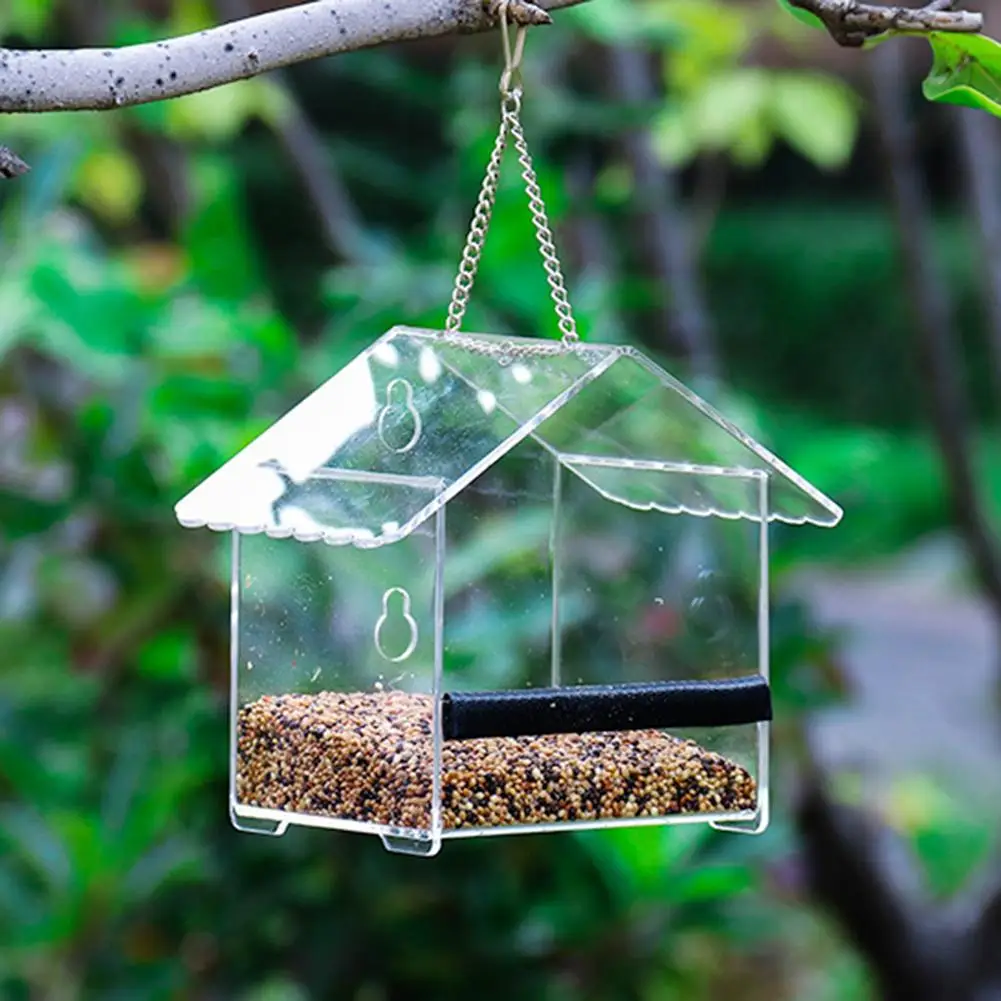 

1PCS Acrylic Bird Feeder House-shaped Outdoors Hanging Food Box Container Feeding Devices Garden Art Bird Supplies