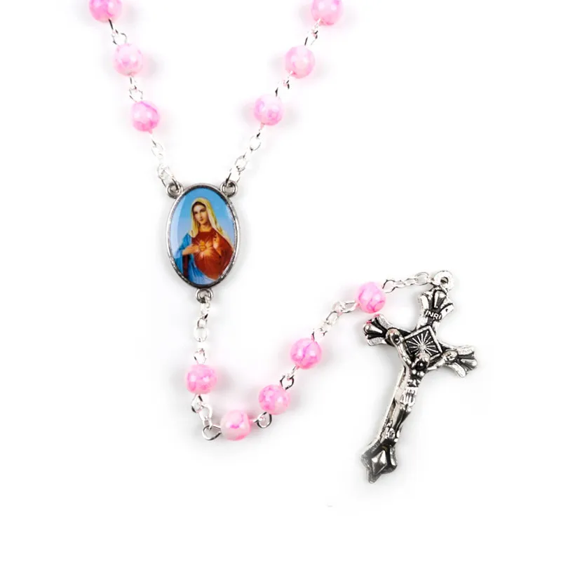 Vintage Cross Rosary Necklace 6mm Round Blue Glass Beads Virgin Mary Jesus Pendant Women Catholic Religious Jewelry | Украшения и