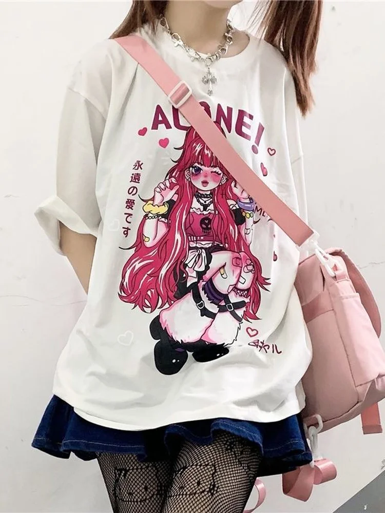 Deeptown Women T-shirts Kawaii Anime Print Short Sleeve T-shirt Cute Girl Graphic Tees Summer Streetwear Harajuku y2k Top Female