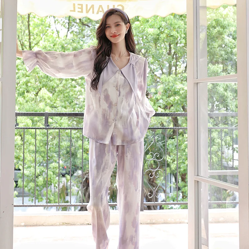 Pajamas for Women's Spring and Summer Tie-dye Bow Long-sleeved Home Service Suit High-end Comfortable Casual and Soft Sleepwear