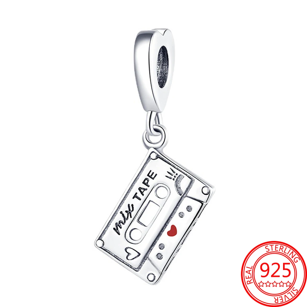 

925 Sterling Silver Red Enamel Nostalgic Cassette Dangle Charm Fit Pandora Bracelet DIY Jewelry Accessories