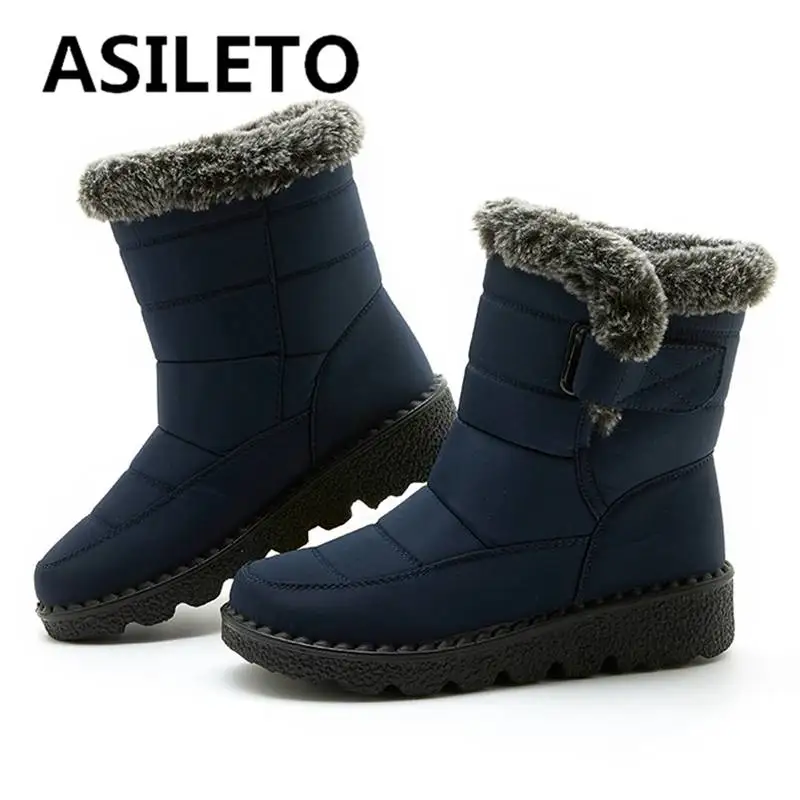

ASILETO Winter Snow Boots Low Cut Thick Heels Plush Warm Furry Hook&Loop Big Size 43 44 Casual Woman Shoes Waterproof Slides