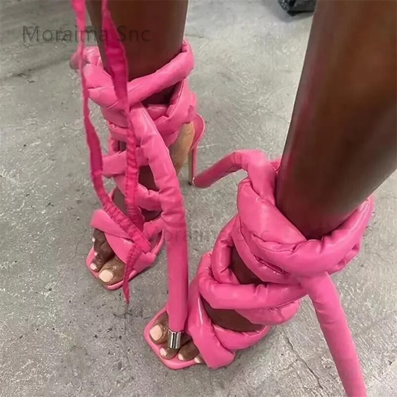 

Square Toe Stiletto Strappy Sandals Women Summer Sexy Cross Tied High Heels Mutilcolor Fashion Ankle Lace Up Women's Shoes