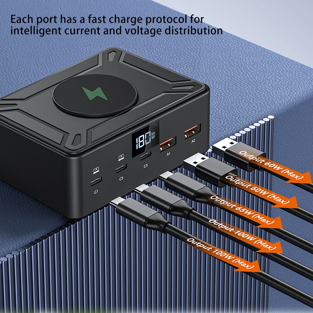 Беспроводное зарядное устройство USB C мощностью 190 Вт с цифровым дисплеем 5 портов