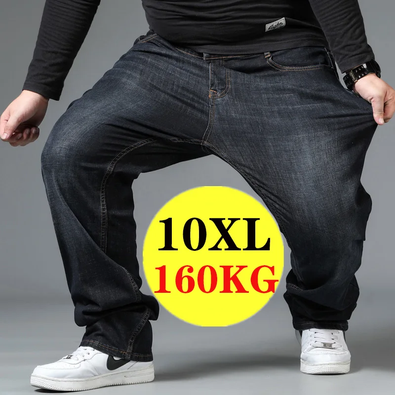 Men's Large Size Jeans Elastic Band Big 10XL Oversize High Waist Loose Pant Husband Plus Size Fat Loose Black Male Denim Trouser