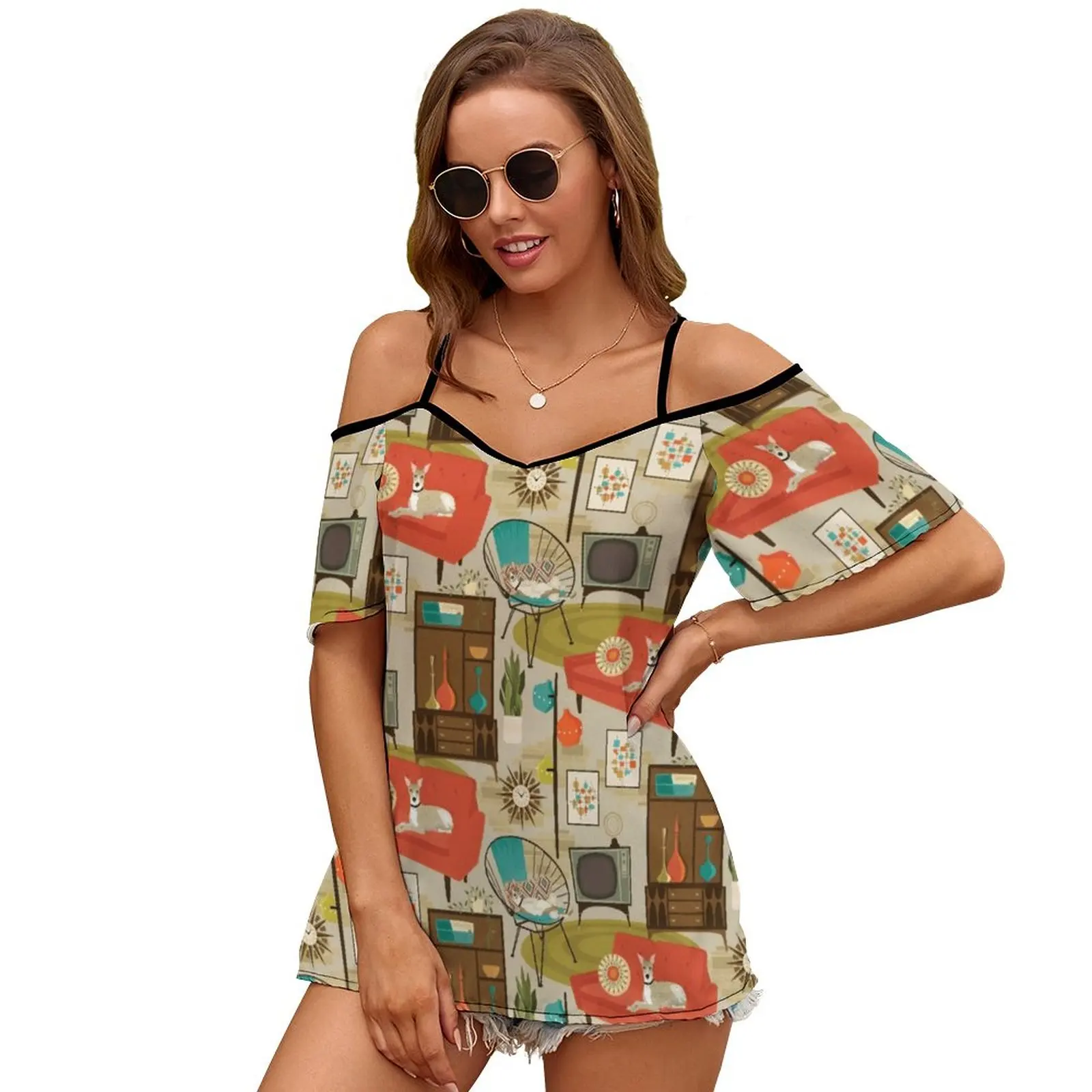 Женская футболка Rec Room Madness летняя модная с цветочным принтом и v-образным вырезом