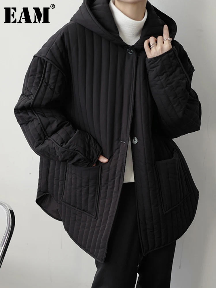 

[EAM] Big Size Warm Hooded Cotton-padded Coat Long Sleeve Loose Fit Women Parkas Fashion Tide New Autumn Winter 2022 1DF2450