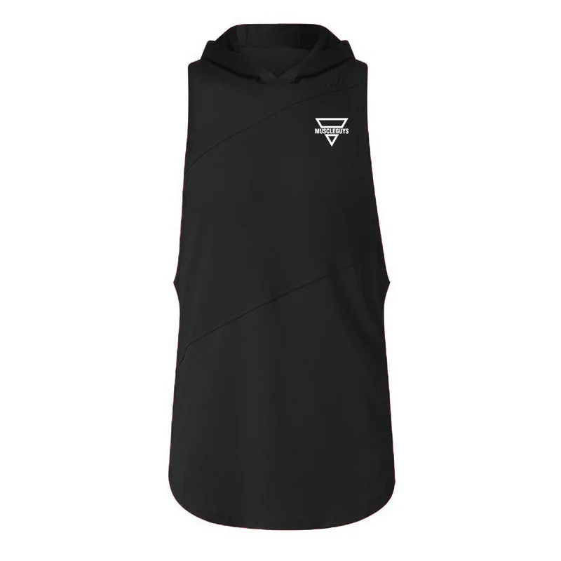 

Fitness Men Running Vest Sleeveless T-Shirt with Hoody Patchwork Gym Clothing Bodybuilding Stringer Tank Tops Hoodies Singlets