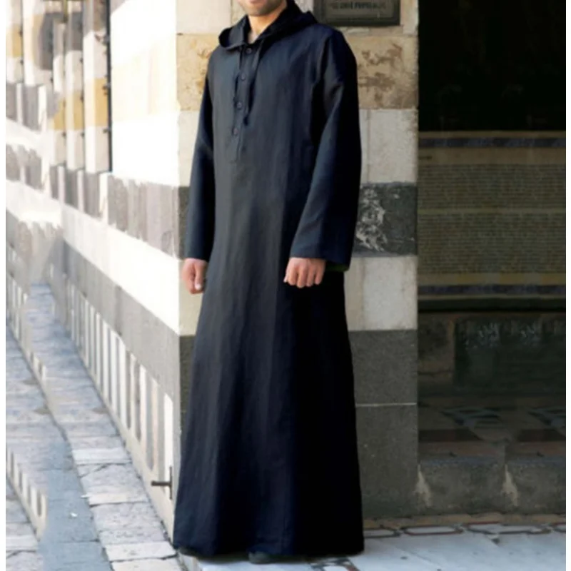 Muslim Arabic Man Jubba Thobe Hooded Muslim Robe Male Robes Abaya Men Thobe Dubai Saudi Arab Kaftan Islamic Clothing Musulmans