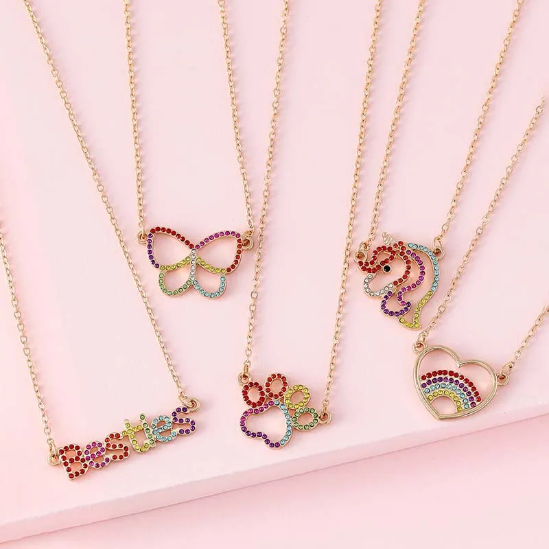 

Luoluo&baby 5pcs/set Rhinestone Multicolour Hollow Unicorn Best Friend Cartoon Necklace for Kids Girls Fashion Friendship Gifts