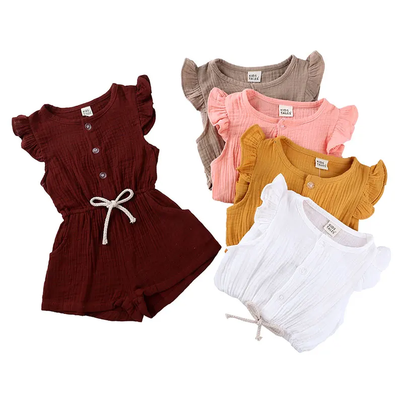 

Summer Kids Jumpsuits Girls Rompers New Kids Clothes Girls Rompers Cotton Linen Fashion Short Sleeve Children Clothing 1-5 Years