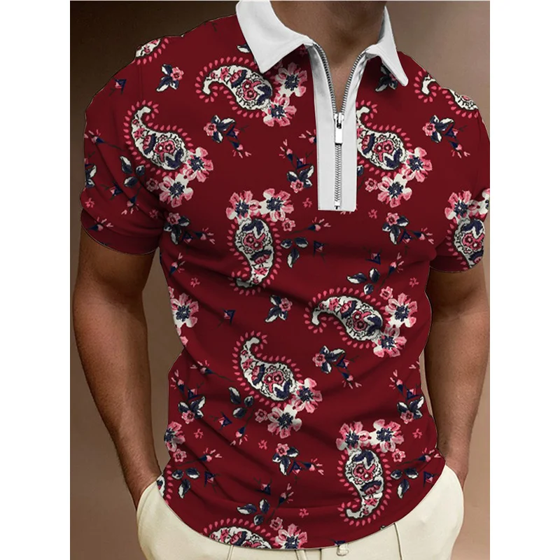 

2022 New Summer Men's Polo Shirt 3D Floral Design Wine Red Polo Shirts Fashion Brand Men Short-Sleeved Tees Shirt Man Clothes