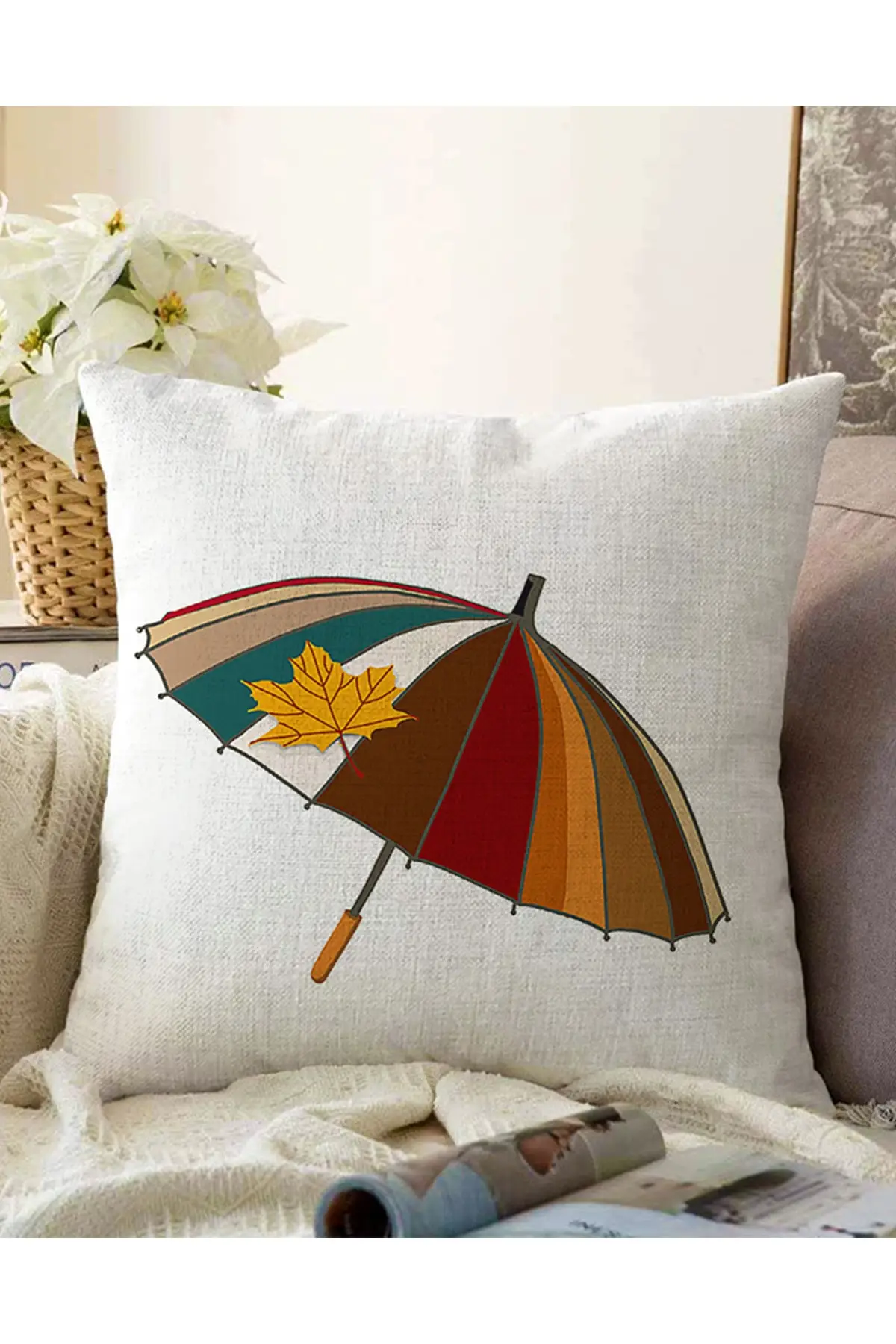 

Autumn Color Umbrella Pattern Chenille Pillow Cover on White Background with Double Sides Stylishly Designed Decoration Products