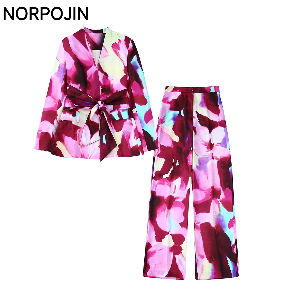 

2022 New Satin Textured Printed Blazer and Long Pants Women Chic Lady 2022 Fashion Jacket Pants Set Y2K Top and Trousers
