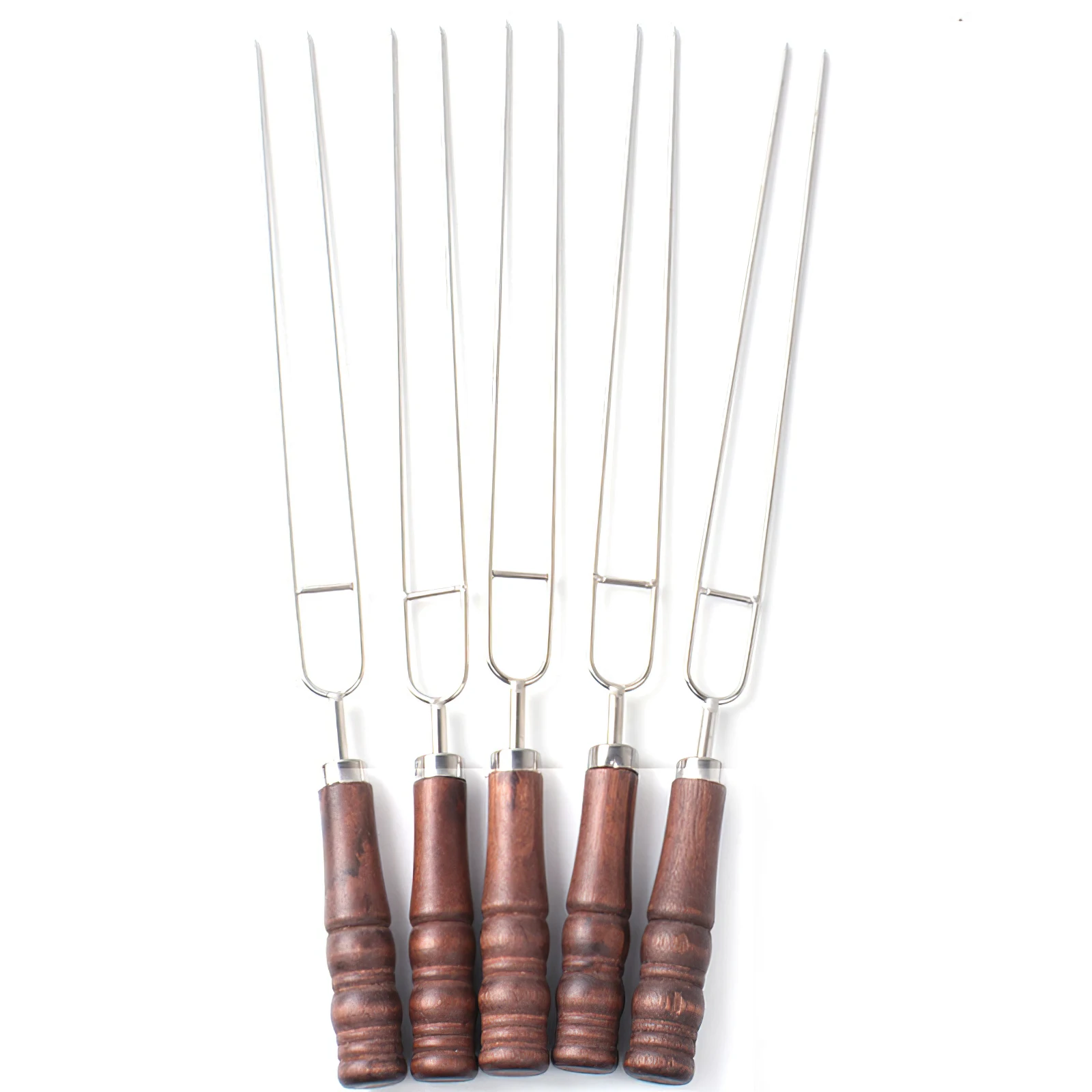 

5pcs Barbecue Forks Skewer Roast Meat Sticks Stainless Steel Grilling Sticks Wooden Handle BBQ Forks U-Shape with Storage Bag