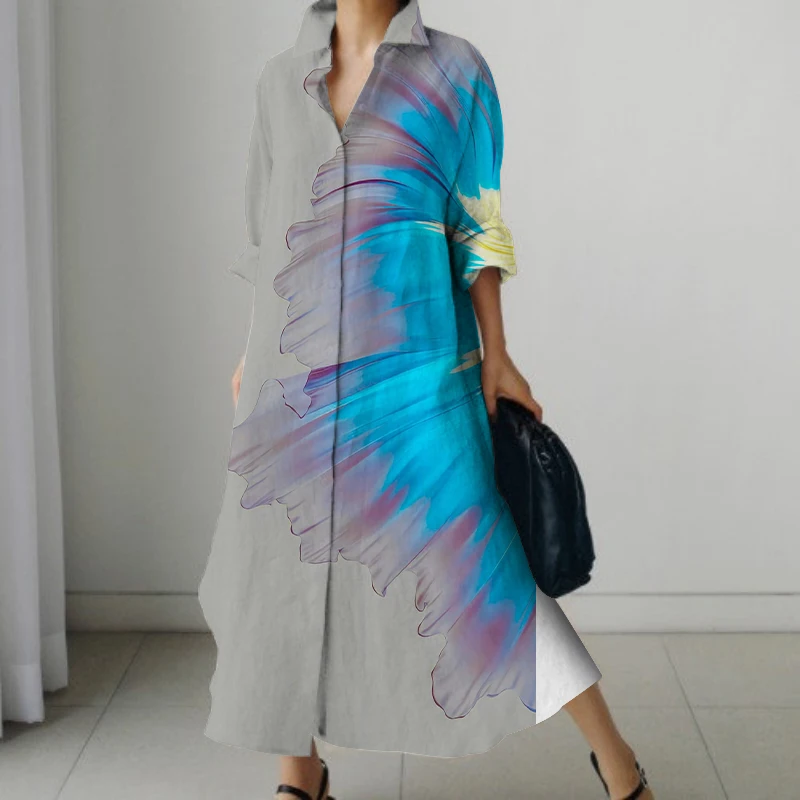 

Женские Длинные платья больших размеров, осень 2023, повседневные платья-рубашки с длинным рукавом, офисные посещающие женские платья больших размеров, Y2K, карманы с лацканами