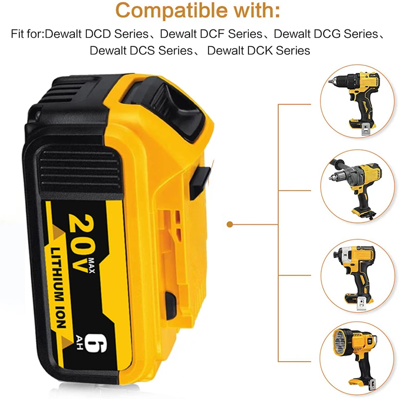 

20v 6.0Ah Max AY Replacement DCB200 for DeWalt DCB185 DCB203 DCB206 DCB181 DCB184 Rechargeable Lithium Battery 18V Power Tools
