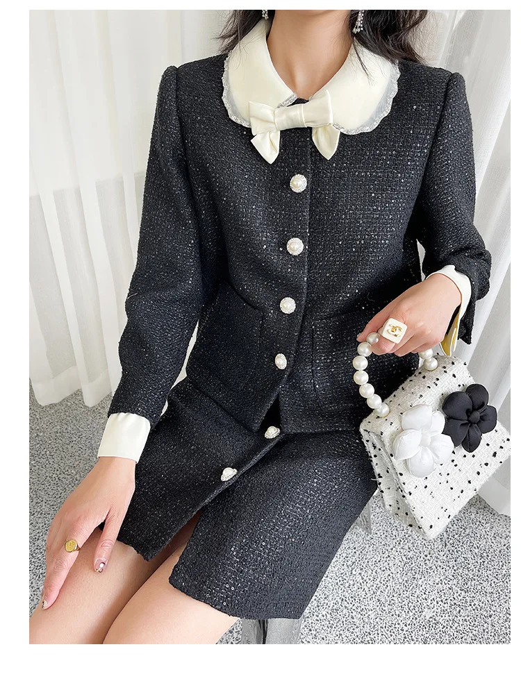 Lingzhi-wu женский твидовый комплект 2024 осенний черный пиджак юбка костюм с блестками