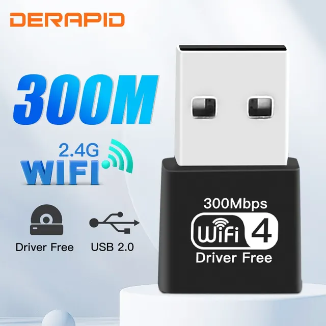 Беспроводной Адаптер DERAPID, WiFi, USB, 2,4 ГГц, Черный, 300 М.