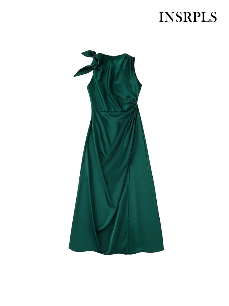 

INSRPLS Women Fashion Front Slit With Bow Tied Stain Midi Dress Vintage Sleeveless Back Zipper Female Dresses Vestidos Mujer