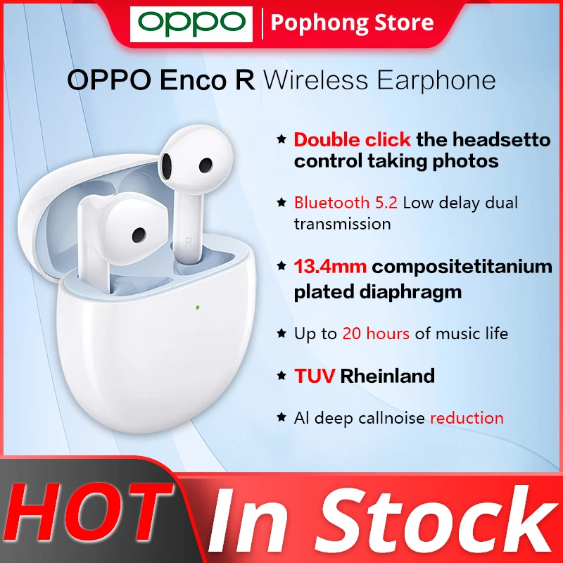 

Беспроводные наушники OPPO Enco R TWS, Bluetooth, AI, Функция шумоподавления, 20 часов работы от батареи