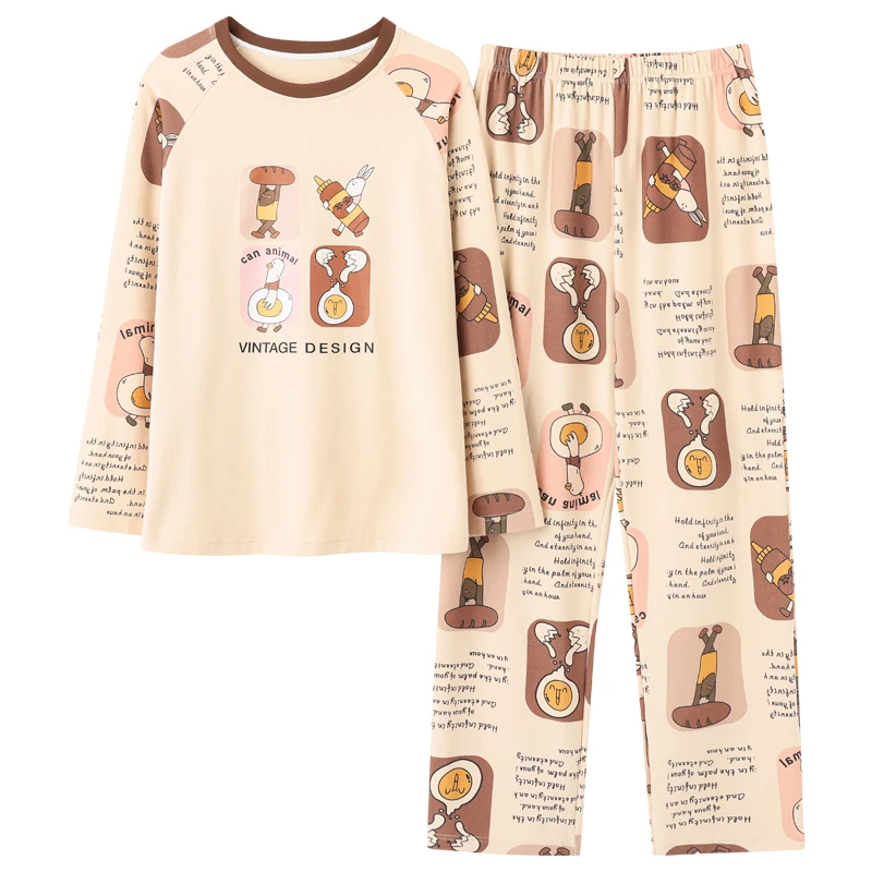 

Autumn Winter Cotton Pijama Women Cartoon Round Neck Homewear 2 Piece Long Sleeves Pajamas Plus Size Pyjamas