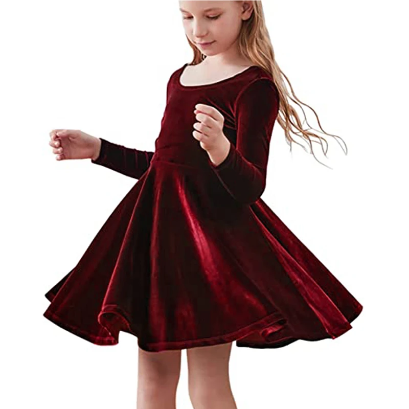 

New Toddler Girls Winter Autumn Velvet Twirl Dresses Long Sleeve Swing A-Line Twirly Skater Dress Clothing for 2-7 Years