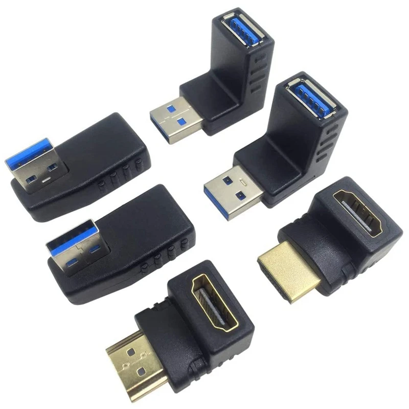 

4 Pcs USB 3.0 Right/Left/Up/Down Angle Adapter Plug Converter&2 Pcs HDMI Male To Female 90&270 Degree Adapter Connector
