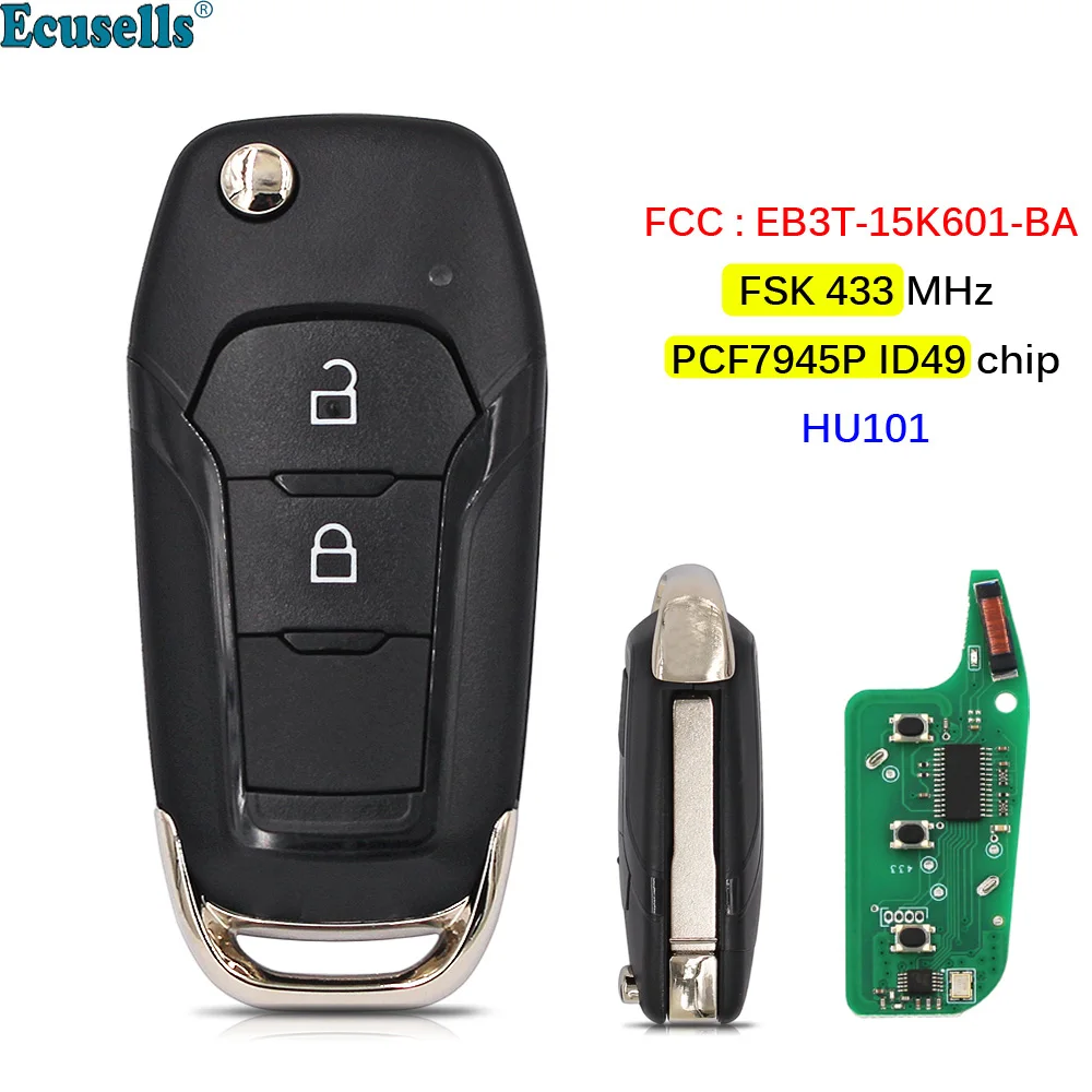

Пульт дистанционного управления для автомобиля FSK 433 МГц PCF7945P ID49, 2 кнопки, чип для Ford Ranger F150 2015-2018 FCCID: EB3T-15K601-BA