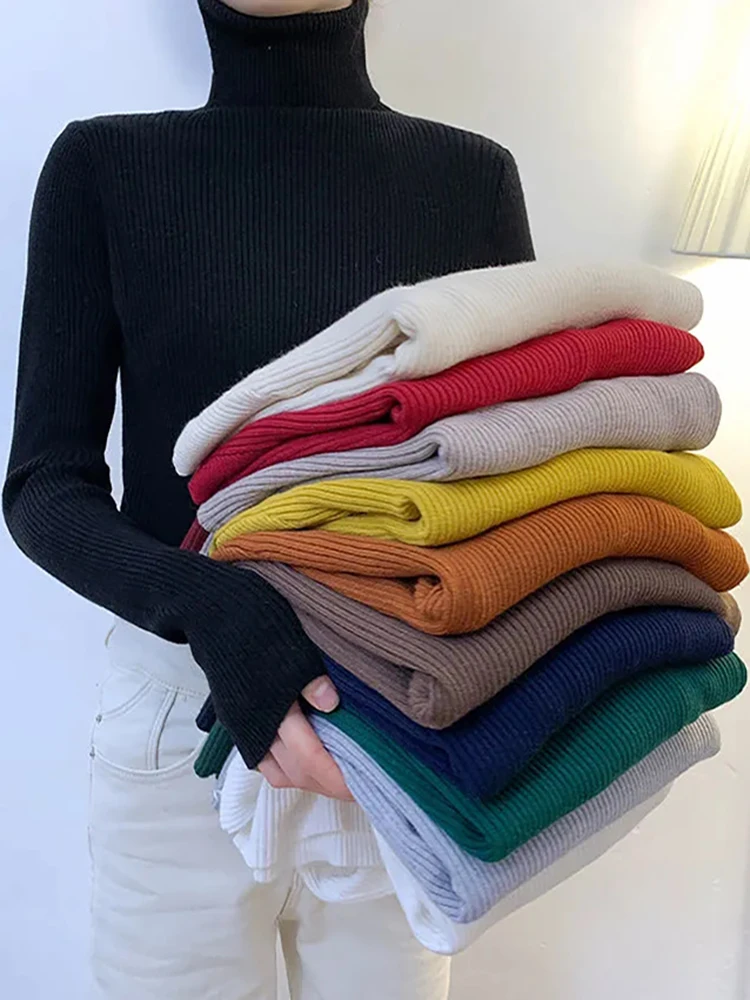 

New 2022 Women Pullover Turtleneck Sweater Autumn Long Sleeve Slim Elastic Korean Simple Basic Cheap Jumper Solid Color Top