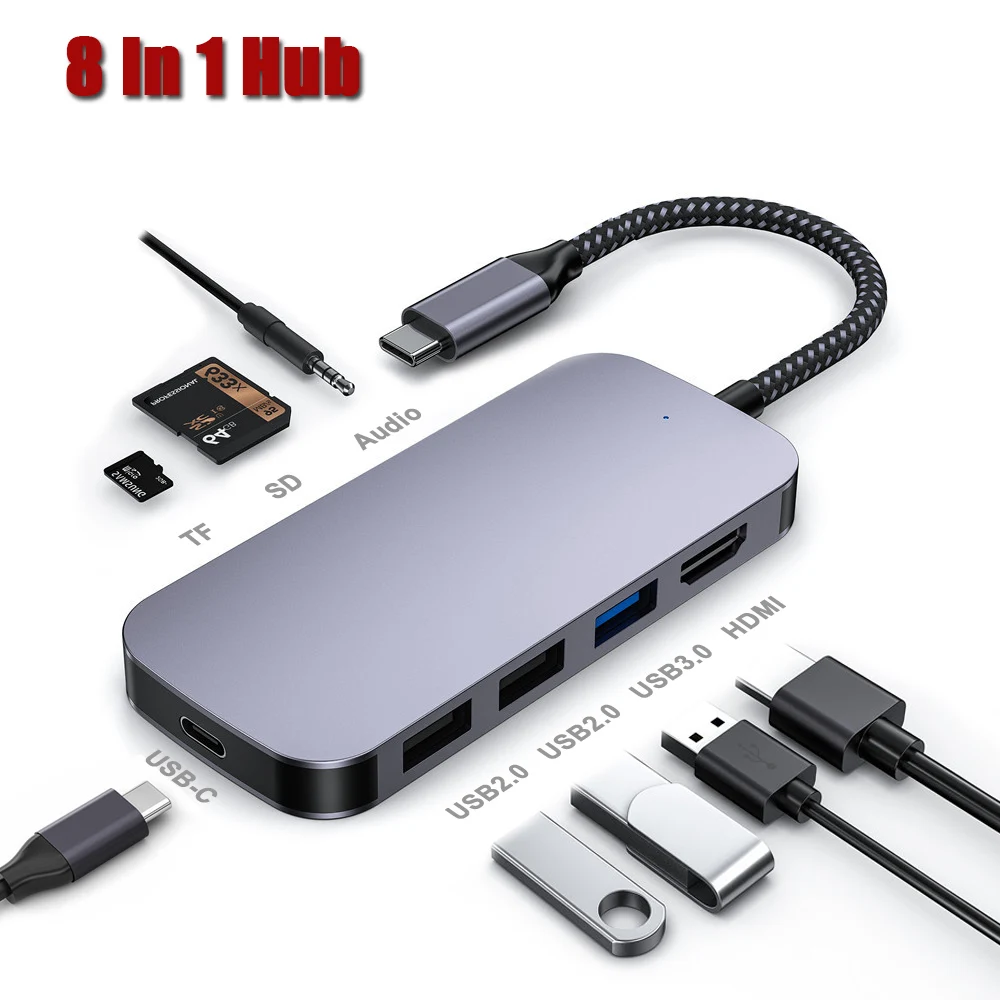 

USB C Hub Docking Station 8 in 1 Type C To HDMI Adapter with PD Audio 4K HDMI USB3.0 SD/TF Card Reader for MacBook Pro Laptops