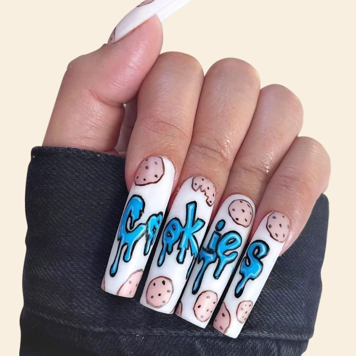 

Blue Graffiti White Nails Fake Press on False Nails Extra Long Ballerina Coffin Gel Glue on Fake Fingersnails Extention Tool