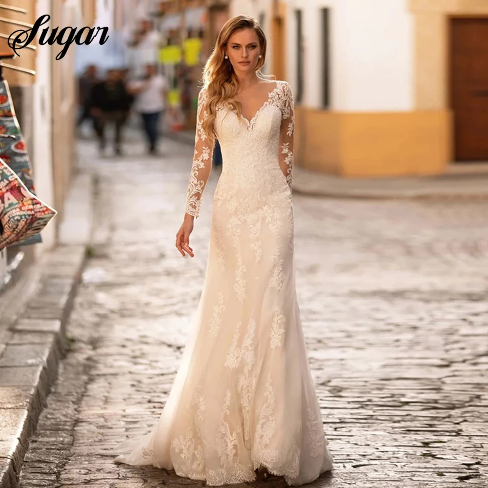 Купи Modest V Neck Wedding Dress 2023 Mermaid Sexy Long Sleeves Appliques Lace Vintage Long White Bridal Gown Backless Sweep Train за 5,400 рублей в магазине AliExpress