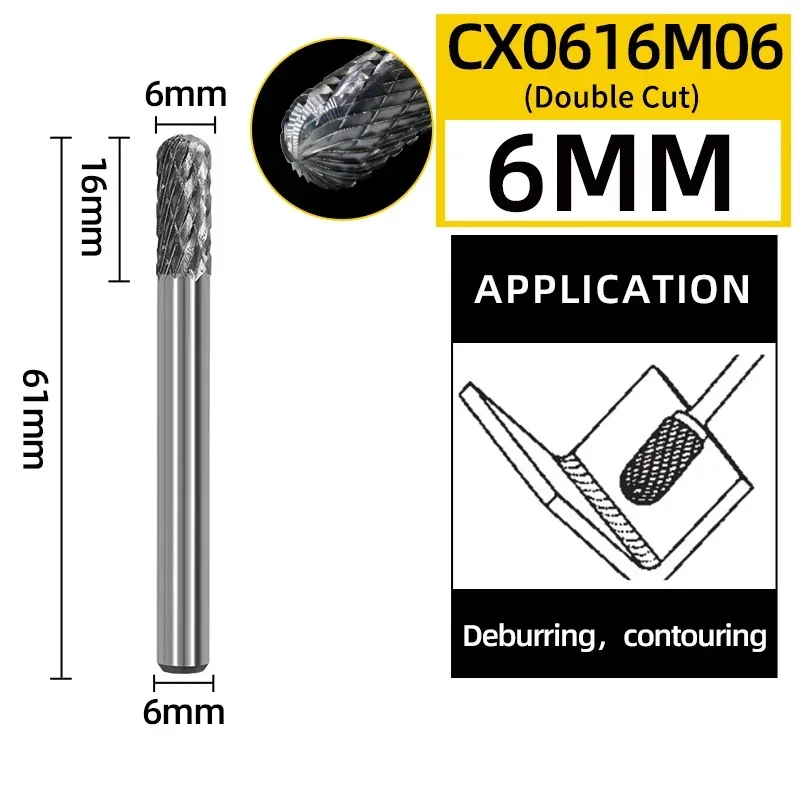 Карбидные заусенцы Chowmaster, хвостовик 6 мм, 6-16 мм, тип CX, одинарный, с двойным слотом, вольфрамовая сталь, роторный напильник, шлифовка металла, удаление заусенцев