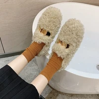 teddy bear wool shoes lady padded cotton shoes cover mouth flat shoes lady metal buckle winter wear net red casual shoes