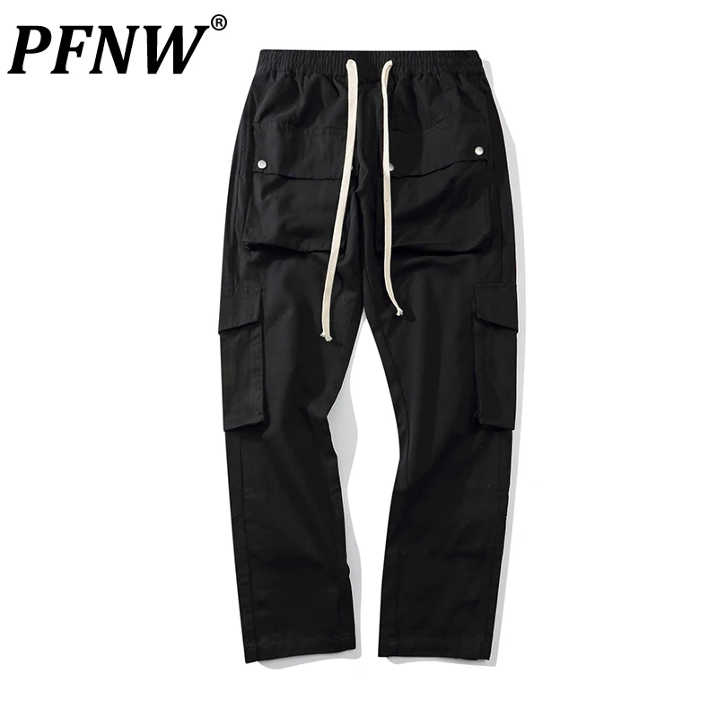 PFNW Spring Autumn New Men's Safari Style Straight Casual Cargo Pants Drawstring Cool Fashion Slim Side Button Trousers 12A8052