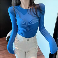 spring autumn thin fleece fake two piece suit korean style casual solid color tops o neck folds t shirt for women fashion shirt