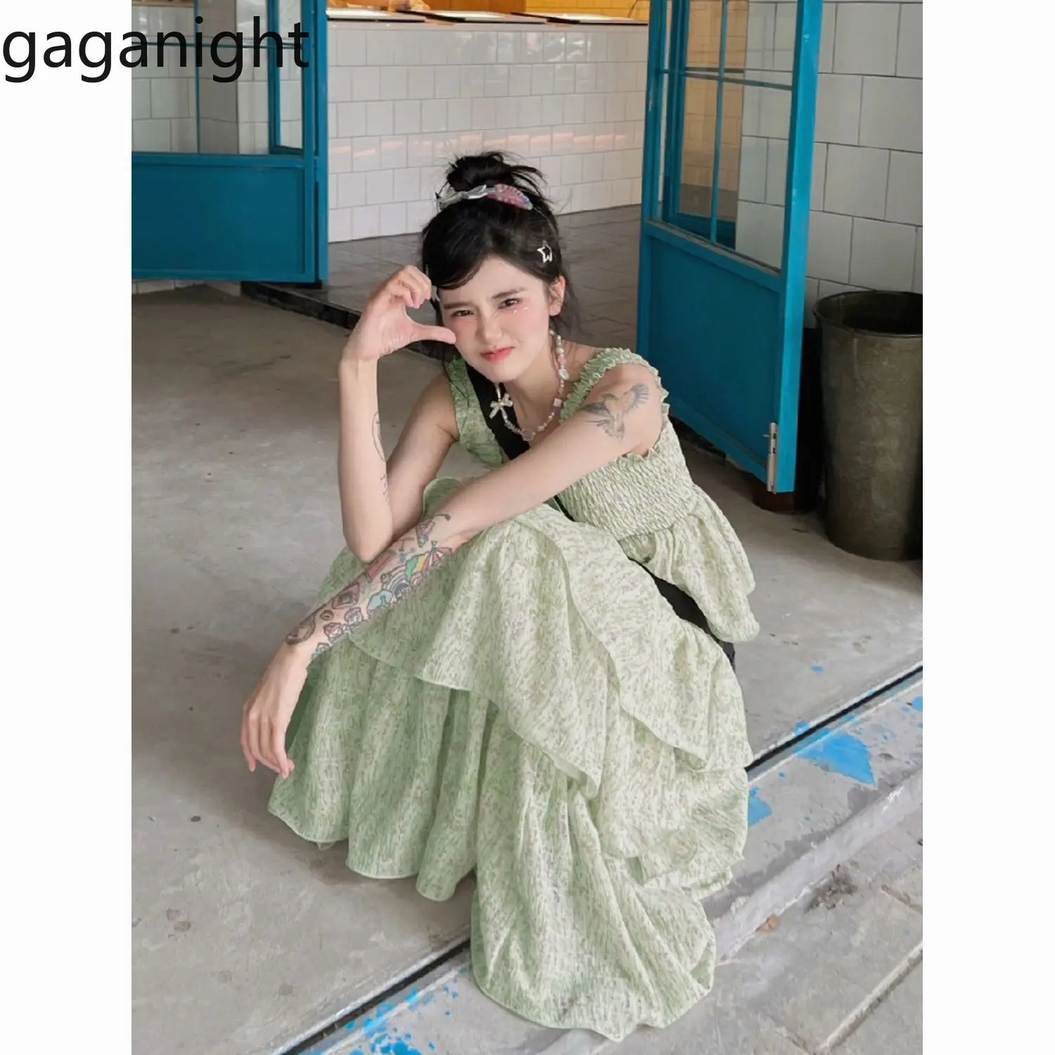 Gaganight женское милое зеленое платье с цветочным принтом 2024 летнее новое