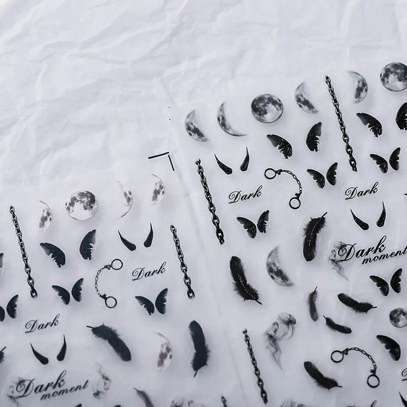 

5D Realistic Relief Dark Moment Black Feather Butterfly Moon Crescent Chain Adhesive Nail Art Stickers Decals Manicure Ornaments
