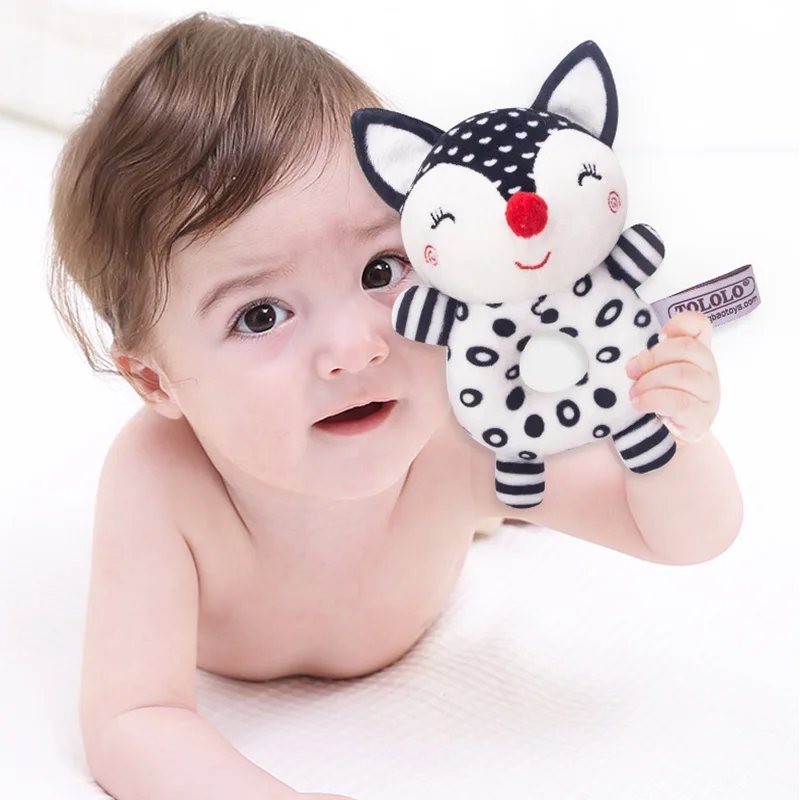 

Toddler Toys Newborn Cartoon Animal Toys Infant Hand Grasping Circle Rattles Black and White Appease Plush Educational Toy