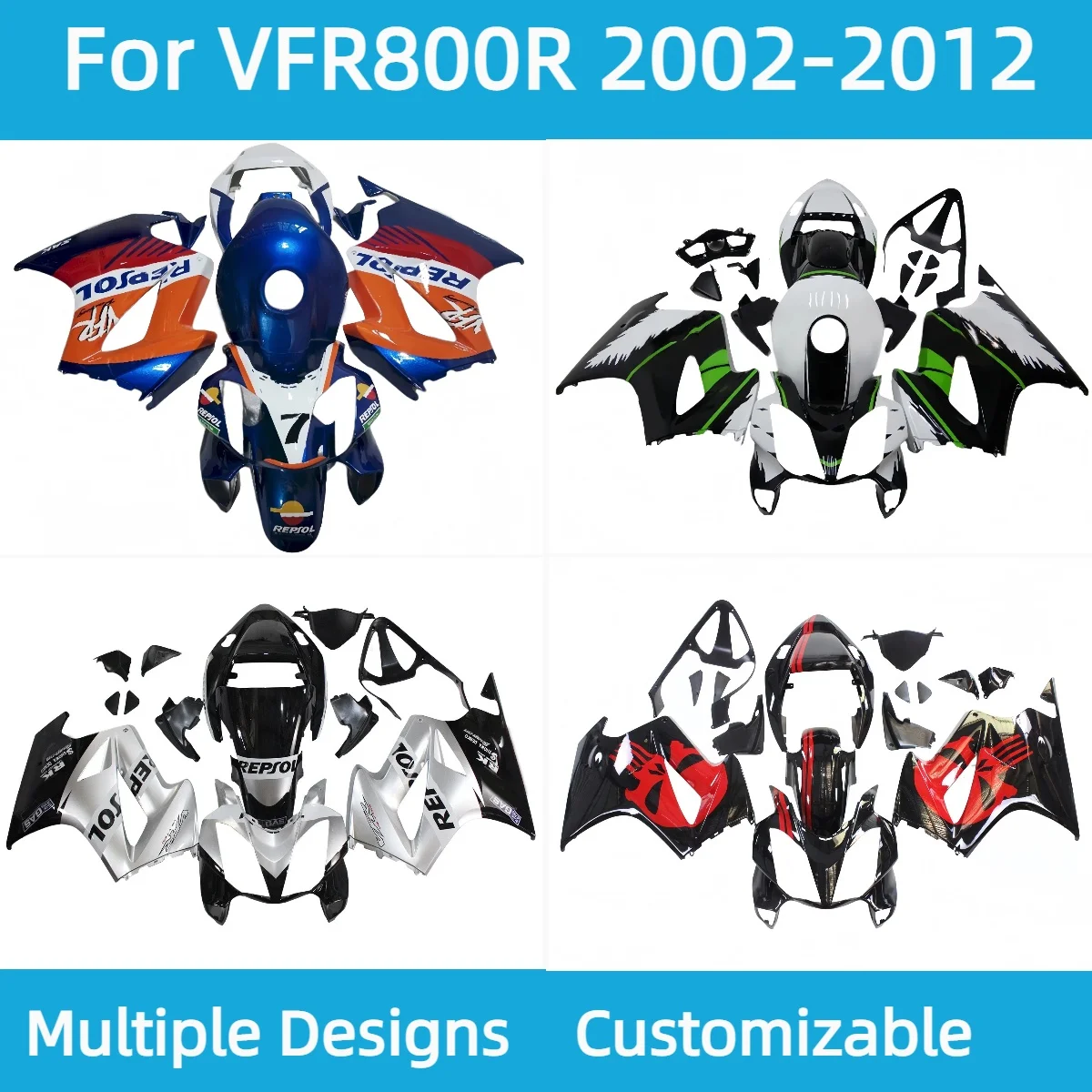 Фото Для HONDA VFR 800R 2002-2012 Бесплатные обтекатели на заказ VFR800R 02-12, комплект обтекателя послепродажного обслуживания, инъекционный мотоцикл №1