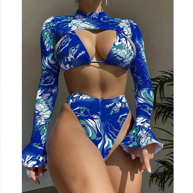 

Bikini Push-Up Swimsuit Female Sensual Split Swimwear Bikini Swimsuit Female Split Three-piece High Waist Long Sleeve