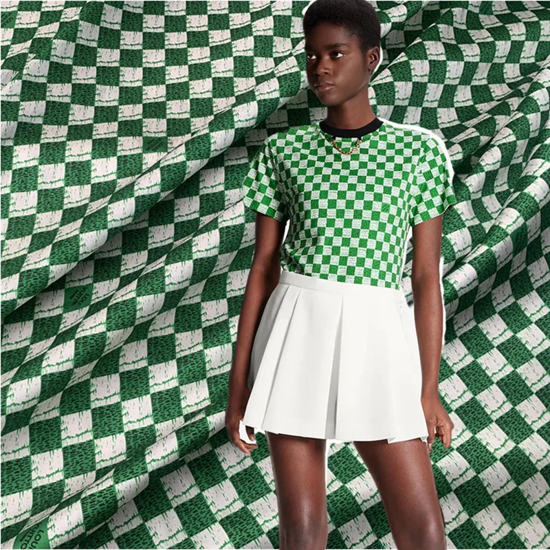 

European small grid letter digital printing clothing fabric designer new satin shirt fabric jacquard textile fabric