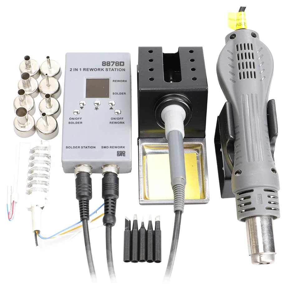 Портативная паяльная станция 8878D 2 в 1 для отпайки горячим воздухом светодиодный