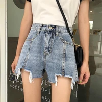 hole high waist denim shorts ladies 2022 new solid casual beach style summer loose wide leg large size fat mm a word hot pants