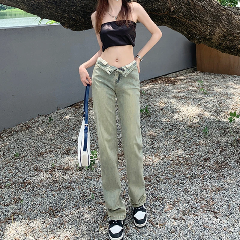 

Женские Винтажные эластичные джинсы, зеленые модные мешковатые прямые брюки с высокой талией, повседневные уличные джинсовые брюки, лето