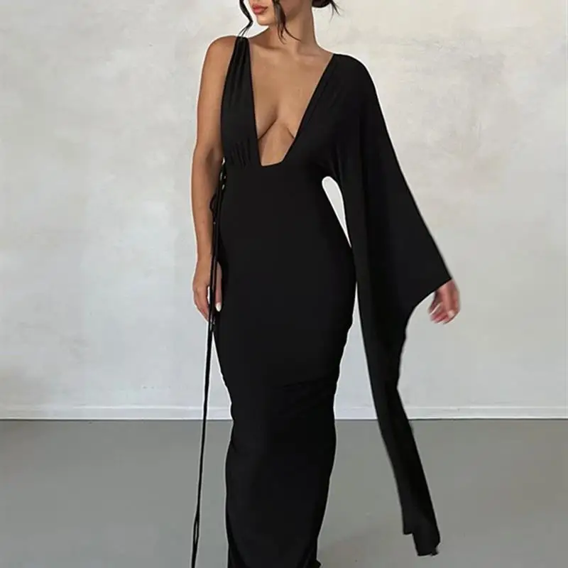 LangMao Elegant Long One Shoulder Chic Maxi Dress Women V Neck 2023 Summer Backless Nightclub Party Dresses --------