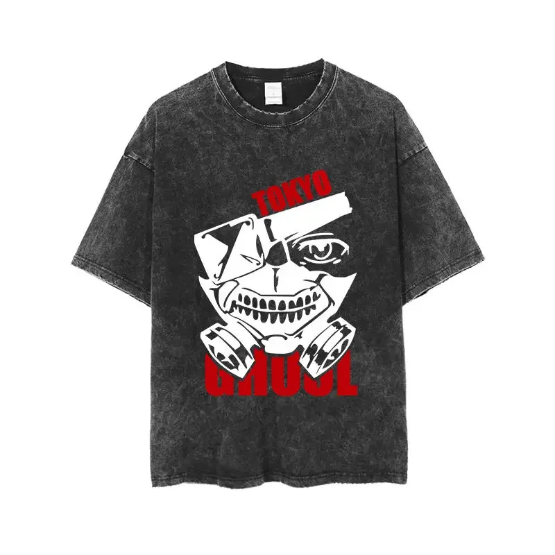 Фото Футболка оверсайз Tokyo Ghoul Ken Kaneki TG Project Monochrome Acid Wash, черная, летняя, 2026, уличная одежда, с аниме-графикой №2