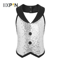 kids boys stage performance costume sleeveless lapel sparkling sequins backless vest tops dance wear children party clothing