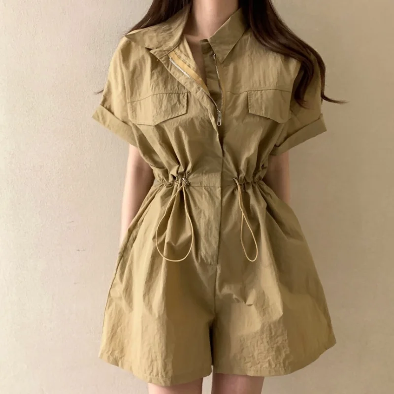 South korea Chic Summer Retro Temperament Lapel Zip-up Drawstring Waist Hugging Slimming Wide Leg Cargo Jumpsuit Shorts Women